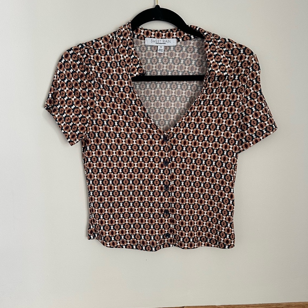 Sweet Rain Geometric Button Down Shirt - Brown and Black